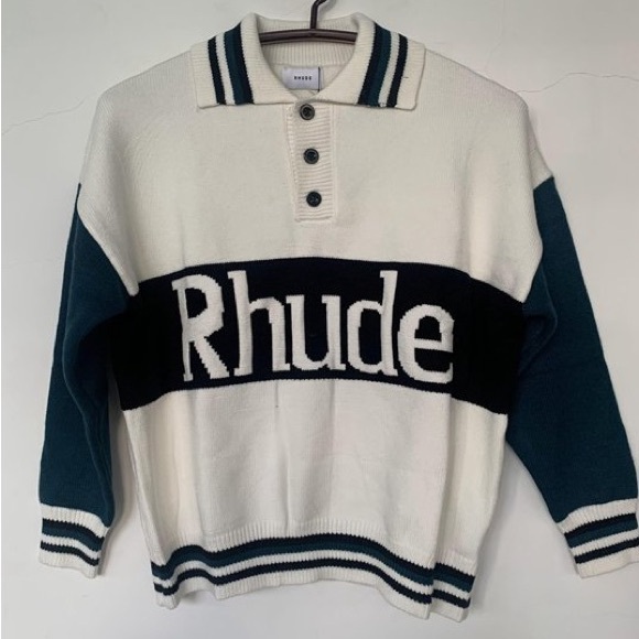 Rhude Cream Navy & Teal Rugby Logo Sweater